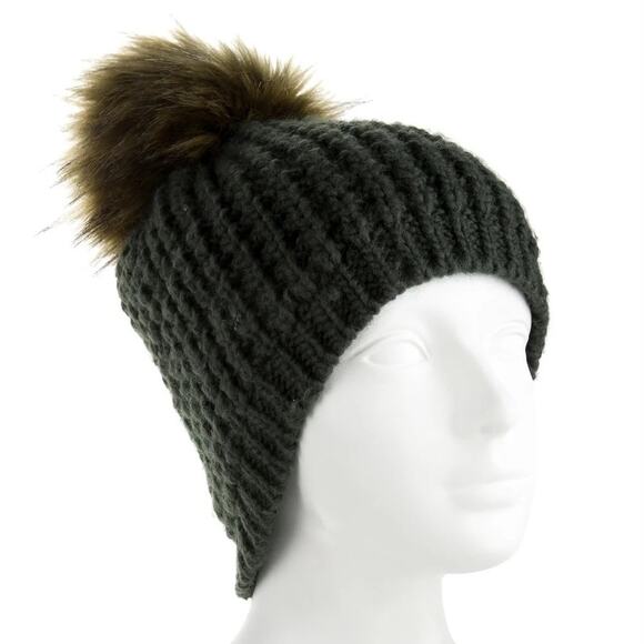 Kyi Kyi Winter Beanie Faux Fur Pom Green New Thick Knit - Picture 4 of 4